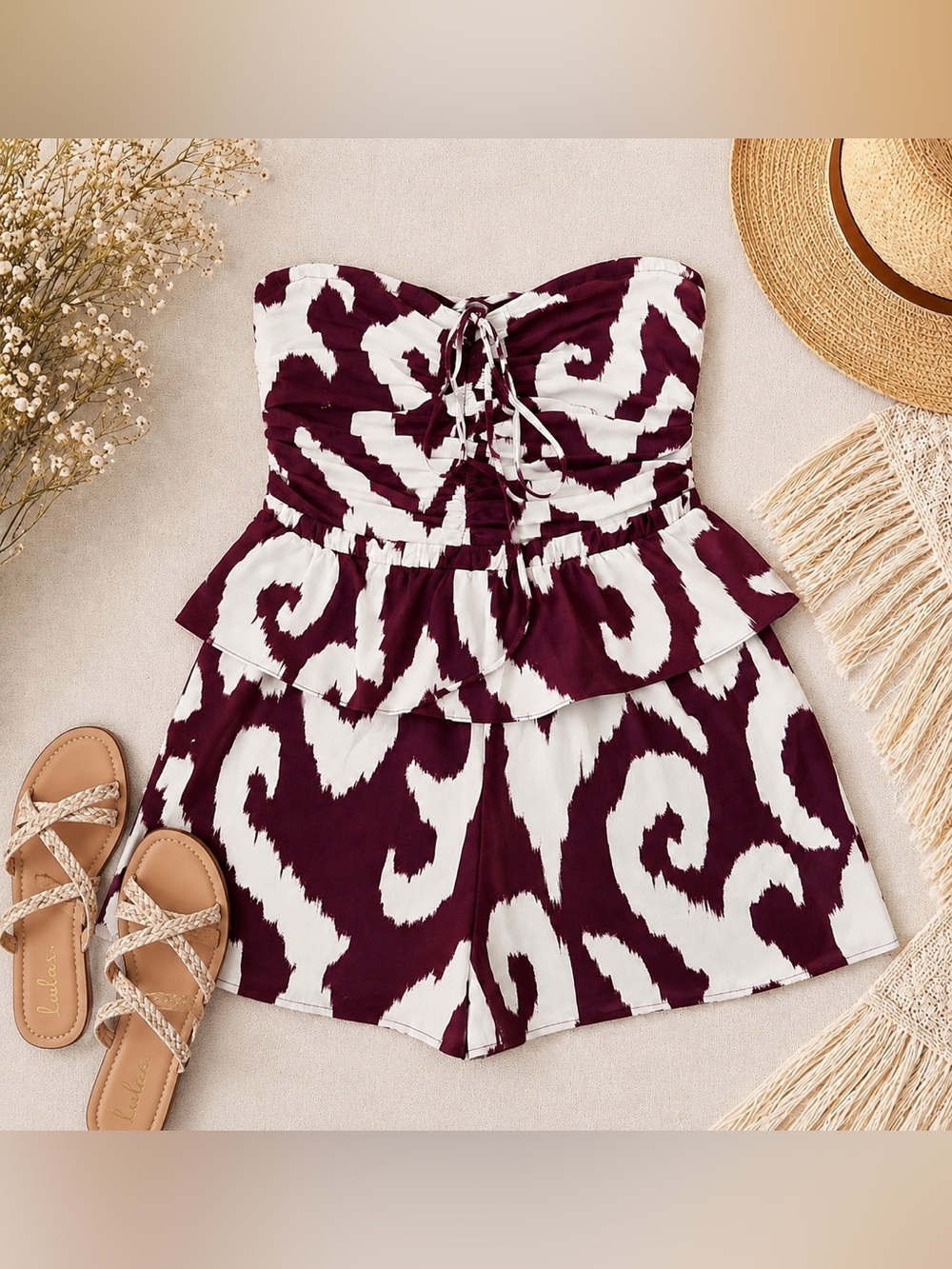 Express Burgundy & Cream Abstract Print Strapless Ruffle Romper